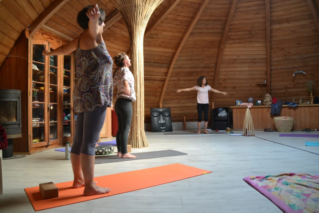 séance étirement en collectif avec professeur de Hatha Vinyasa Yoga